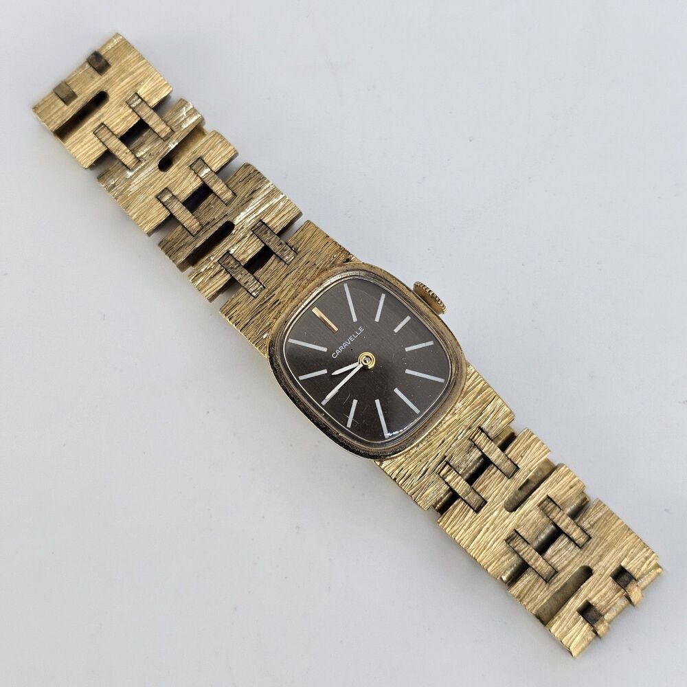VTG Caravelle 18MM Women's Watch Brown Dial Gold Bracelet 6.5" New Battery